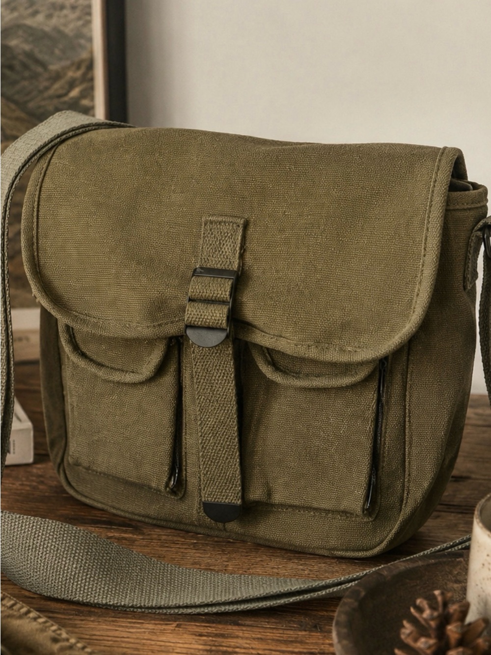 Olive Canvas Military-Inspired Field Messenger Bag Utility Crossbody Unisex